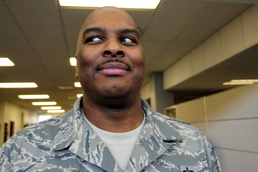 Master Sgt. David Sigler, 627th Force Support Squadron non commissioned officer in charge of force management, sports a mustache during the month of March at Joint Base Lewis-McChord, Wash. (U.S. Air Force photo/Airman 1st Class Leah Young)