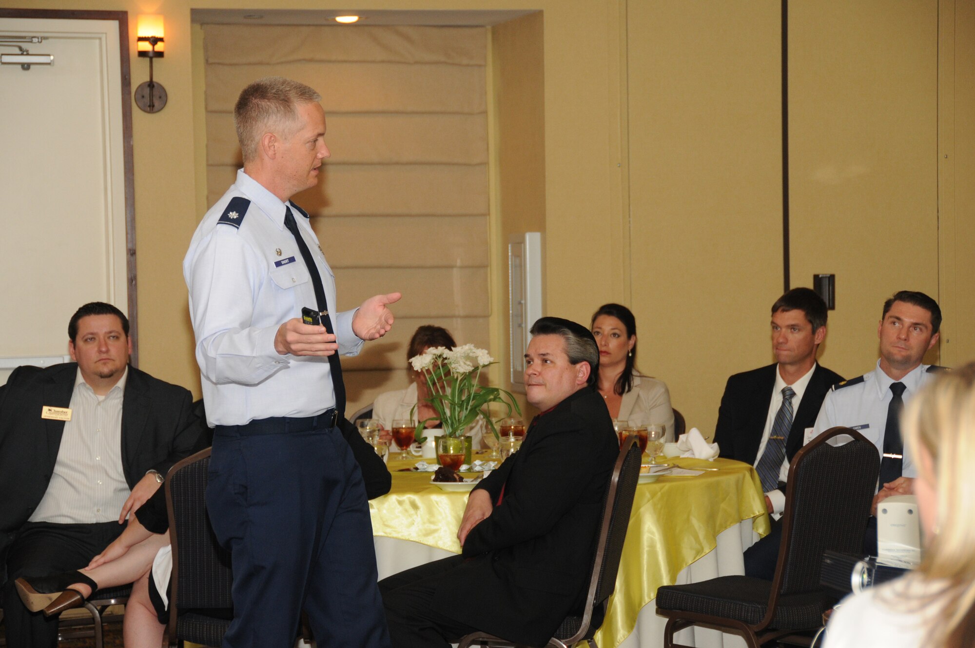 Lt. Col. Douglas Short, 333rd Training Squadron commander, spoke to members of the Mississippi Gulf Coast Chamber of Commerce about Keesler’s cyber training mission at a March 23 luncheon in Gulfport.  (U.S. Air Force photo by Kemberly Groue)
