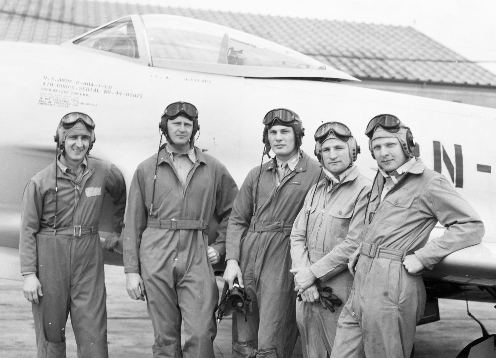 Robin Olds (middle) with other members of the P-80 demonstration team in 1946. (U.S. Air Force photo)