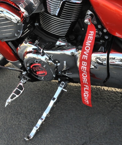 The motorcycle that won the best standard bike in the show was nominated by a panel of judges including Command Chief Master Sgt. Jose LugoSantiago, 628th Air Base Wing command chief, Command Chief Master Sgt. Terrence Greene, 437th Airlift Wing command chief, and Col. Brian Robinson, 437 AW vice commander, during the 2011 Joint Base Charleston Motorcycle Safety Event, March 25 at the JB CHS - Air Base theater. The bike was entered by Tech. Sgt. Darrel Blake from the 437th Aerial Port Squadron. (U.S. Air Force photo/Airman 1st Class Jared Trimarchi) 

