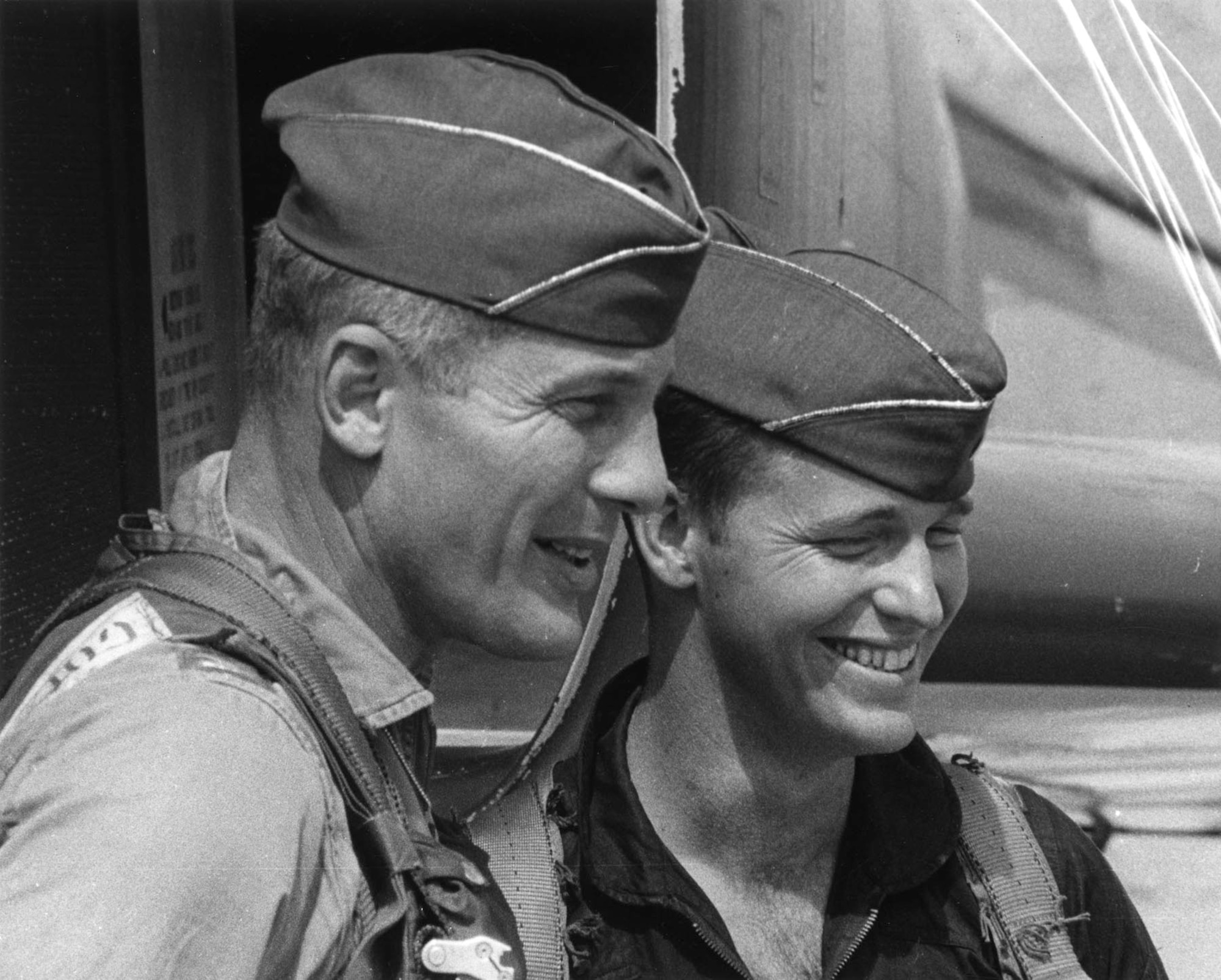Col. Robin Olds (left) and Capt. John Stone after OPERATION BOLO. Three other 8th Tactical Fighter Wing officers, 1st Lt. Joseph Hicks, 1st Lt. Ralph Wetterhahn and Maj. James Covington, also worked on planning the mission details. (U.S. Air Force photo)