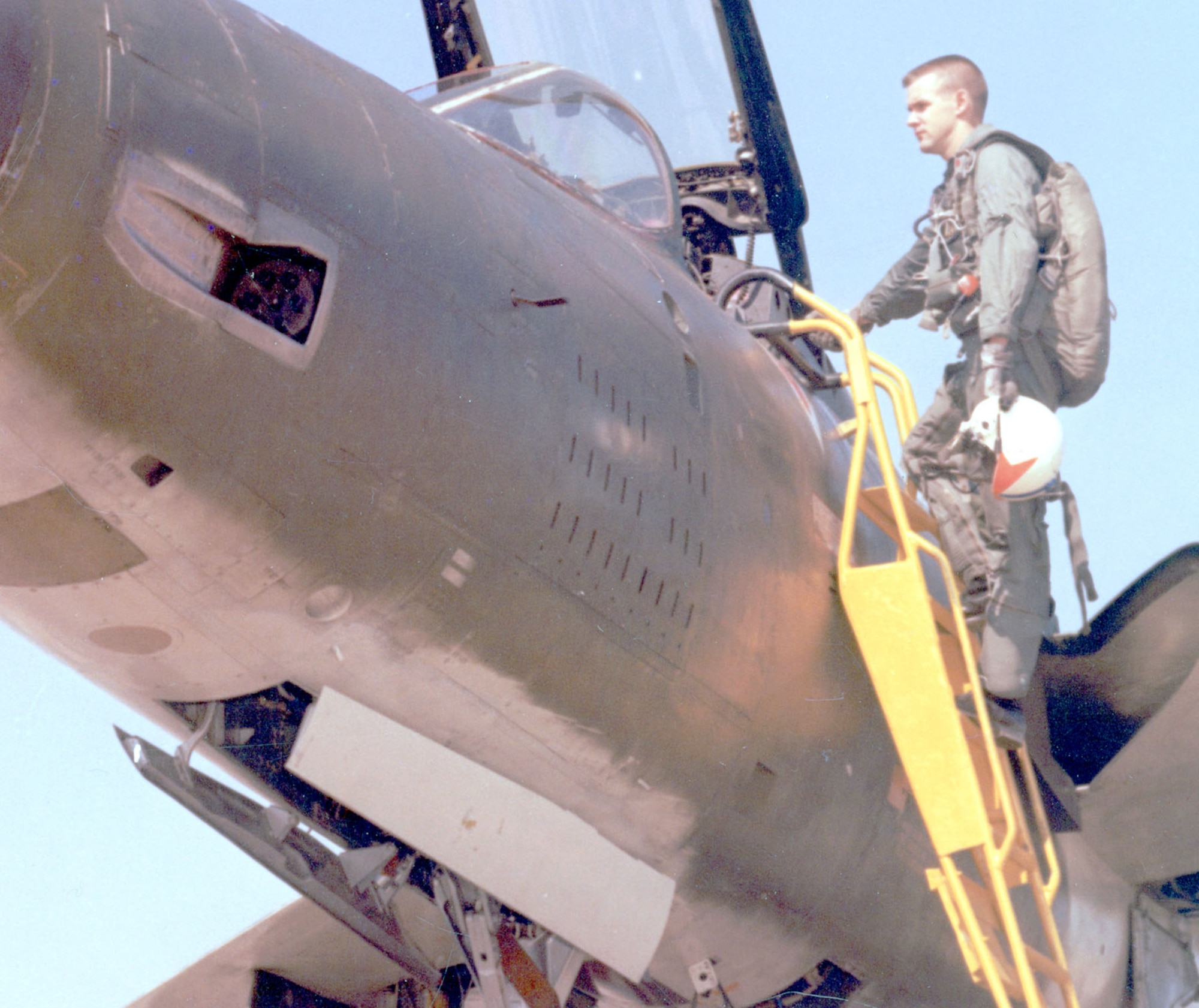 Though used primarily as a bomber, the F-105 had some success against the MiGs -- its pilots shot down nearly 30 MiGs using the aircraft’s internal cannon. The firing port is in the upper left corner of the photo. (U.S. Air Force photo