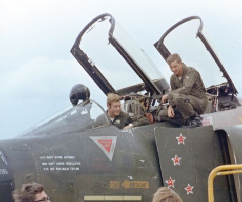 Capts. Richard “Steve” Ritchie (left) and Charles “Chuck” DeBellevue after a mission. Ritchie and DeBellevue scored four of their MiG victories while flying together. (U.S. Air Force photo)