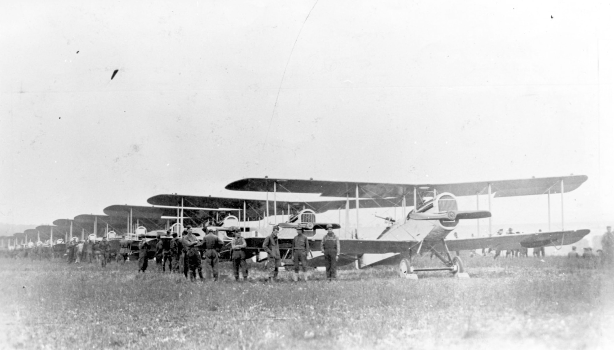 Planes of the 135th Aero Squadron line up on Aug. 7, 1918, for the first mission flown over the Front by U.S.-built DH-4s. (U.S. Air Force photo)