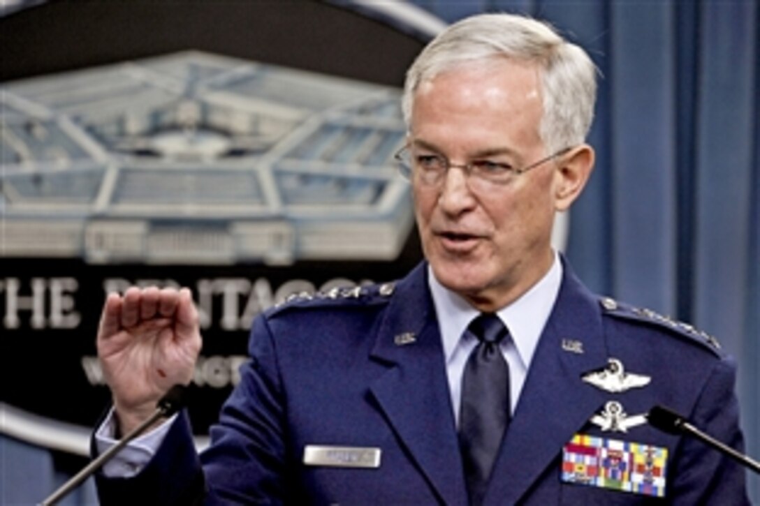 Air Force Gen. Douglas Fraser, commander of U.S. Southern Command, briefs Pentagon reporters on a variety of issues, including  multinational criminal organizations that traffic narcotics, March 30, 2011.