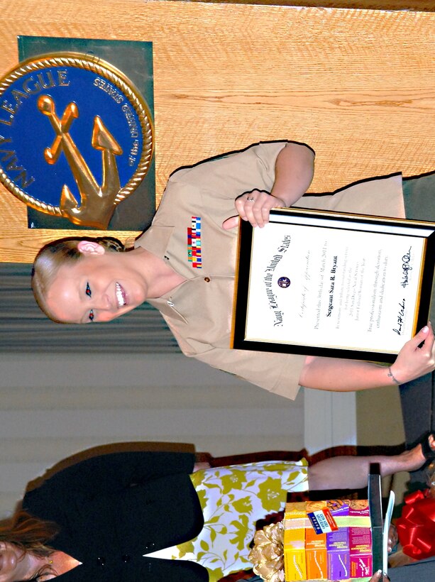 The Marine Corps’ Sgt. Sara R. Bryant was named Junior Enlisted Woman of the Year during the Enlisted Women of the Year luncheon at the Sheraton Hotel in San Diego, March 30. Bryant was deployed with the Female Engagement Team from March to October of 2010 and was one of the first females to ever deploy with infantry. 'I think it’s awesome to be recognized. I wrote my essay to be picked for this about what I saw while deployed, the brotherhood and my best friend being killed,' said Bryant.