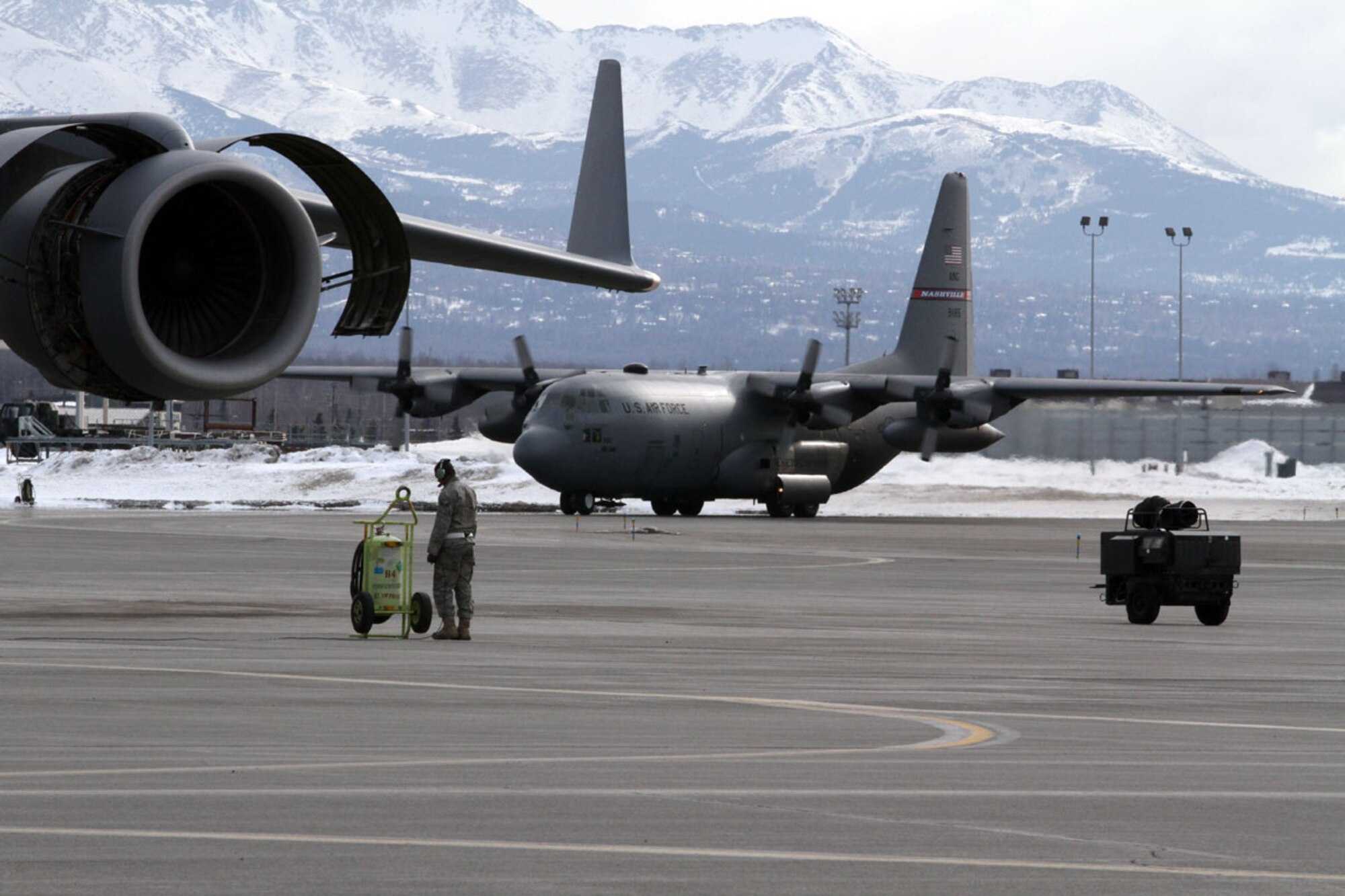 A C-130 Hercules from the Tennessee Air National Guard taxis at Joint base Elmendorf-Richardson, March 24.  (U.S. Air National Guard photo/Staff Sgt. Karima Turner)