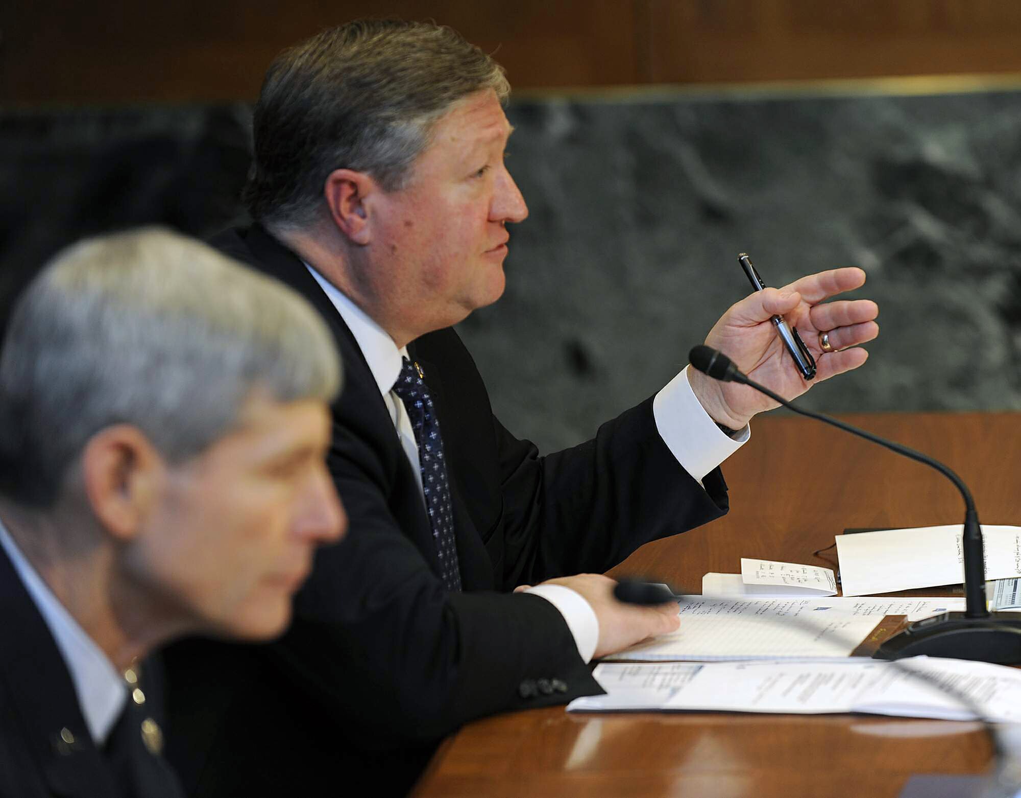 Secretary of the Air Force Michael Donley (right) testifies with Air Force Chief of Staff Gen. Norton Schwartz March 30, 2011,during the Senate Appropriations Committee’s Subcommittee on Defense hearing on the Air Force’s fiscal 2012 budget request in Washington, D.C.  (U.S. Air Force photo/Scott M. Ash)