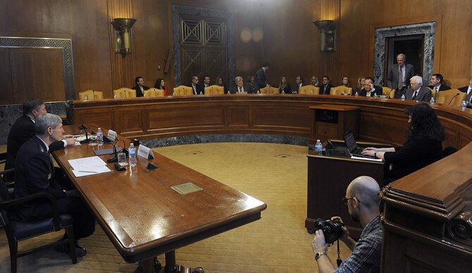 The Senate Appropriations Committee’s Subcommittee on Defense listens to testimony on the Air Force’s fiscal 2012 budget request in Washington, D.C., March 30, 2011.  Secretary of the Air Force Michael Donley and Air Force Chief of Staff Gen. Norton Schwartz both served as witnesses.  (U.S. Air Force photo/Scott M. Ash)