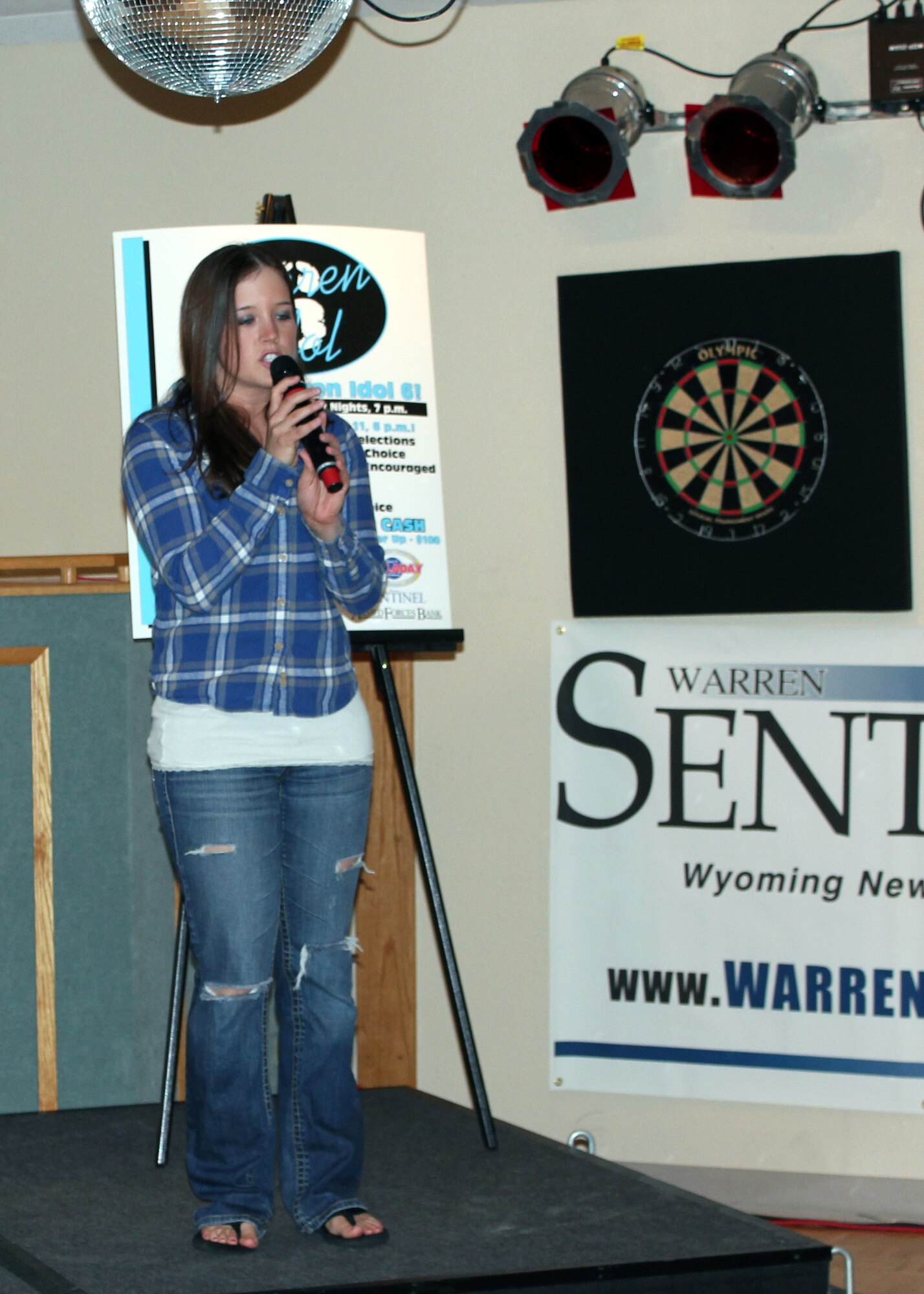 Airman 1st Class Meagan Marshall, 90th Security Forces Squadron, starts the competition at Warren Idol 6 in the Trail’s End Club March 25 during the “contestant’s choice” night of the competition. (Courtesy photo)