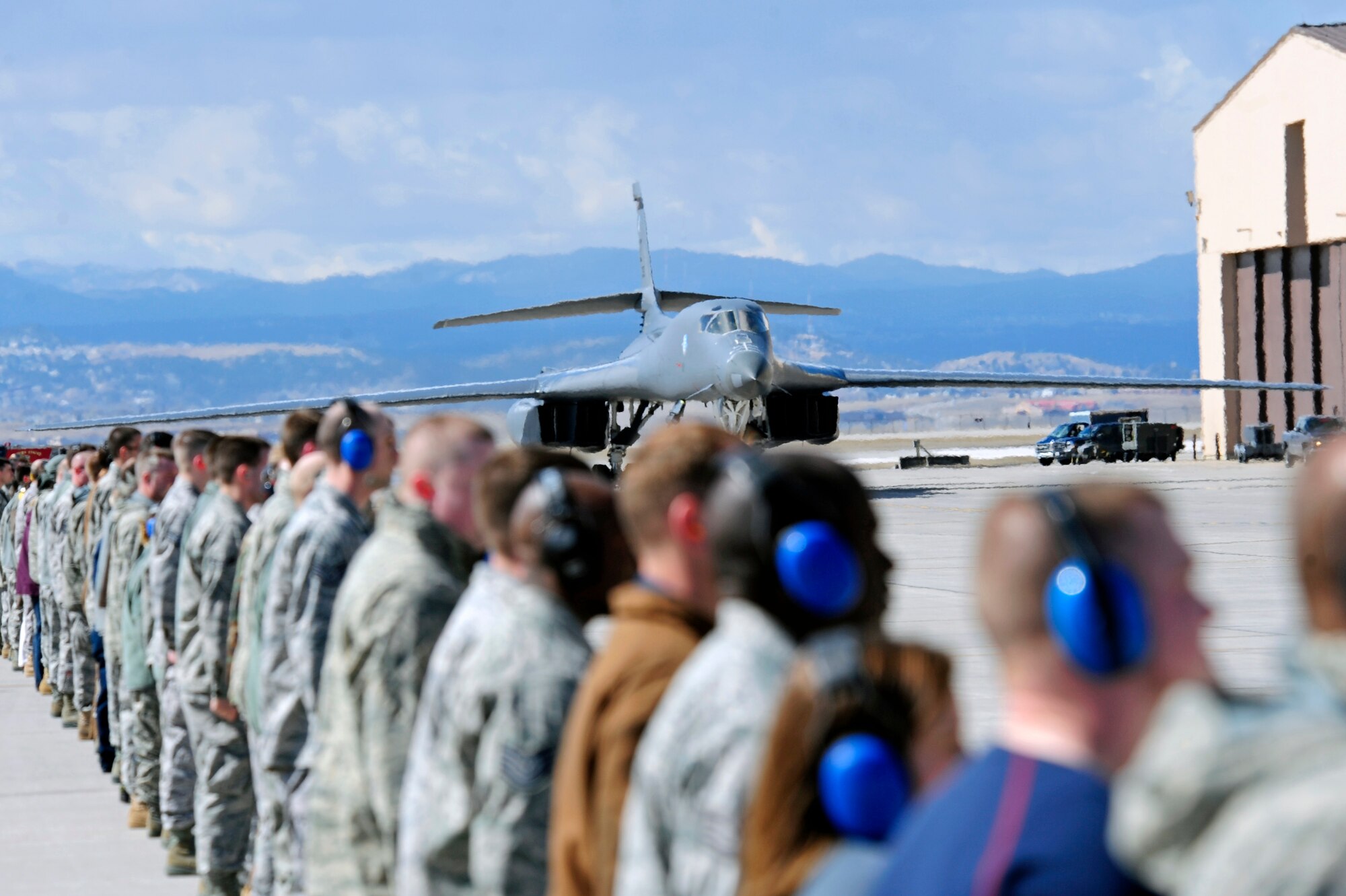 A B-1B returning from a mission to Libya in support of Operation Odyssey Dawn taxis to the aircraft parking area on Ellsworth Air Force Base, S.D., March 30, 2011.   This mission marked the first time the B-1 fleet has launched combat sorties from the continental United States to strike targets overseas. (U.S. Air Force photo/Staff Sgt. Marc I. Lane)
