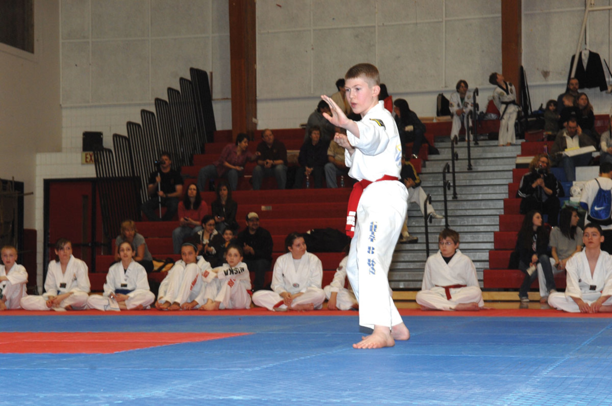 Sean Collins, son of Tech. Sgt. Charles Collins, 673d Medical Operations Squadron, performs a routine during the 2011 Alaska State Tae Kwon Do Championship in Anchorage, Saturday. The father and son have practiced the martial art for three years. (U. S. Air Force photo/Staff Sgt. Jeremy Larlee)