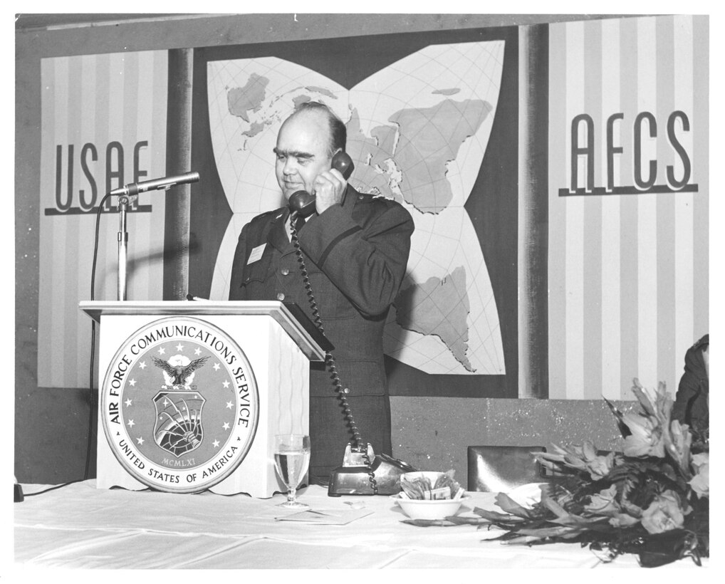 SCOTT AIR FORCE BASE, Ill. – July 1, 1961: Maj. Gen. (later Lt. Gen.) Harold W. Grant, Air Force Communications Service commander, speaks with Gen. Curtis LeMay, Chief of Staff of the Air Force, on the re-designation of Airways and Air Communication Service as Air Force Communications Service and its elevation to a major air command. (U.S. Air Force photo)
