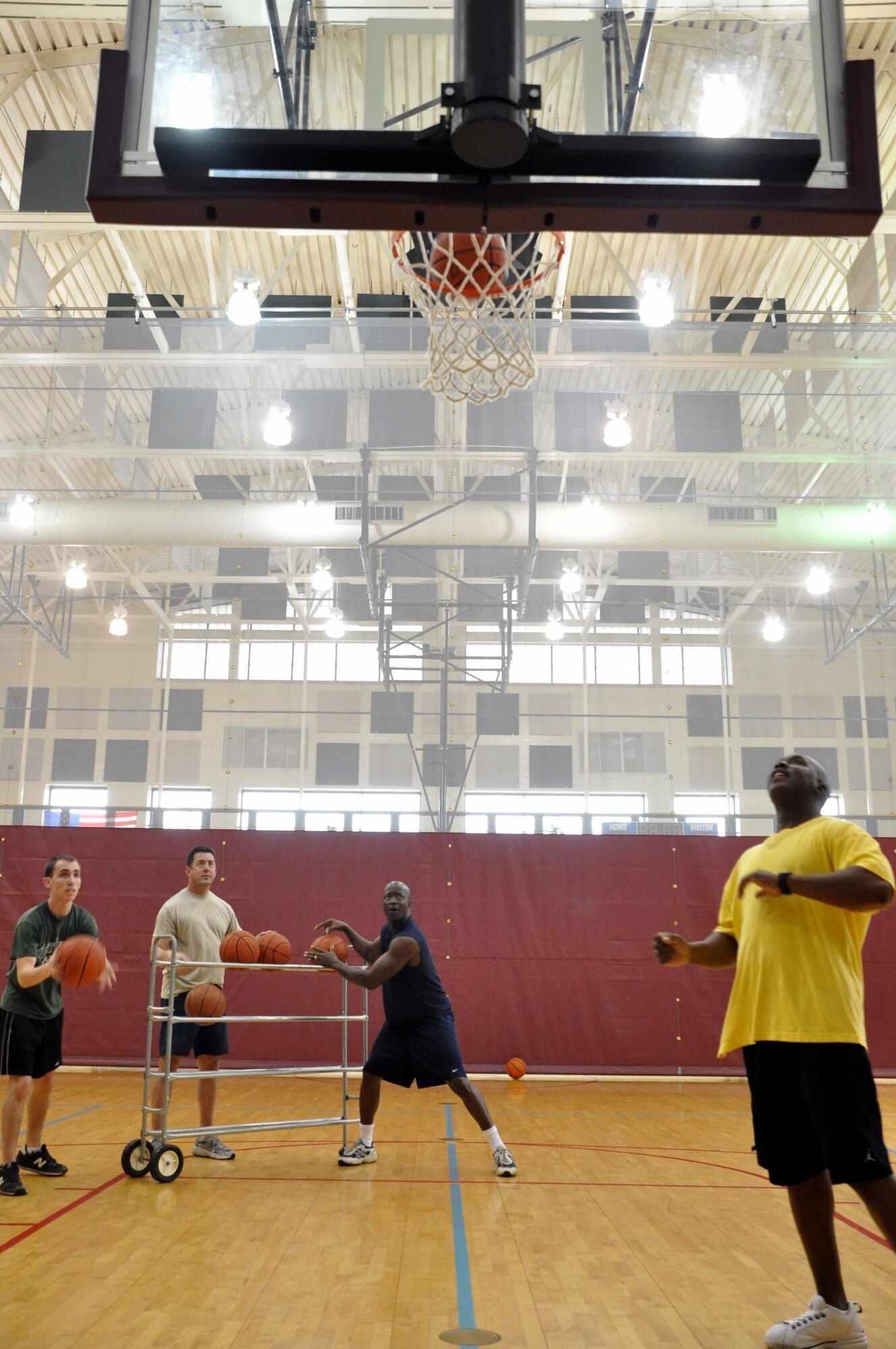 LAUGHLIN AIR FORCE BASE, Texas - - -- Chief Master Sgt. Michael King, 47th Mission Support Group superintendent, prepares for a free throw attempt during First Sergeants versus Chiefs basketball shoot-out at Laughlin’s Losano Fitness Center, March 29. The competition allowed each shooter two minutes to make as many shots as possible, which ended in an 84 to 69 victory for the first sergeants. (U.S. Air Force photo by Senior Airman Scott Saldukas)
