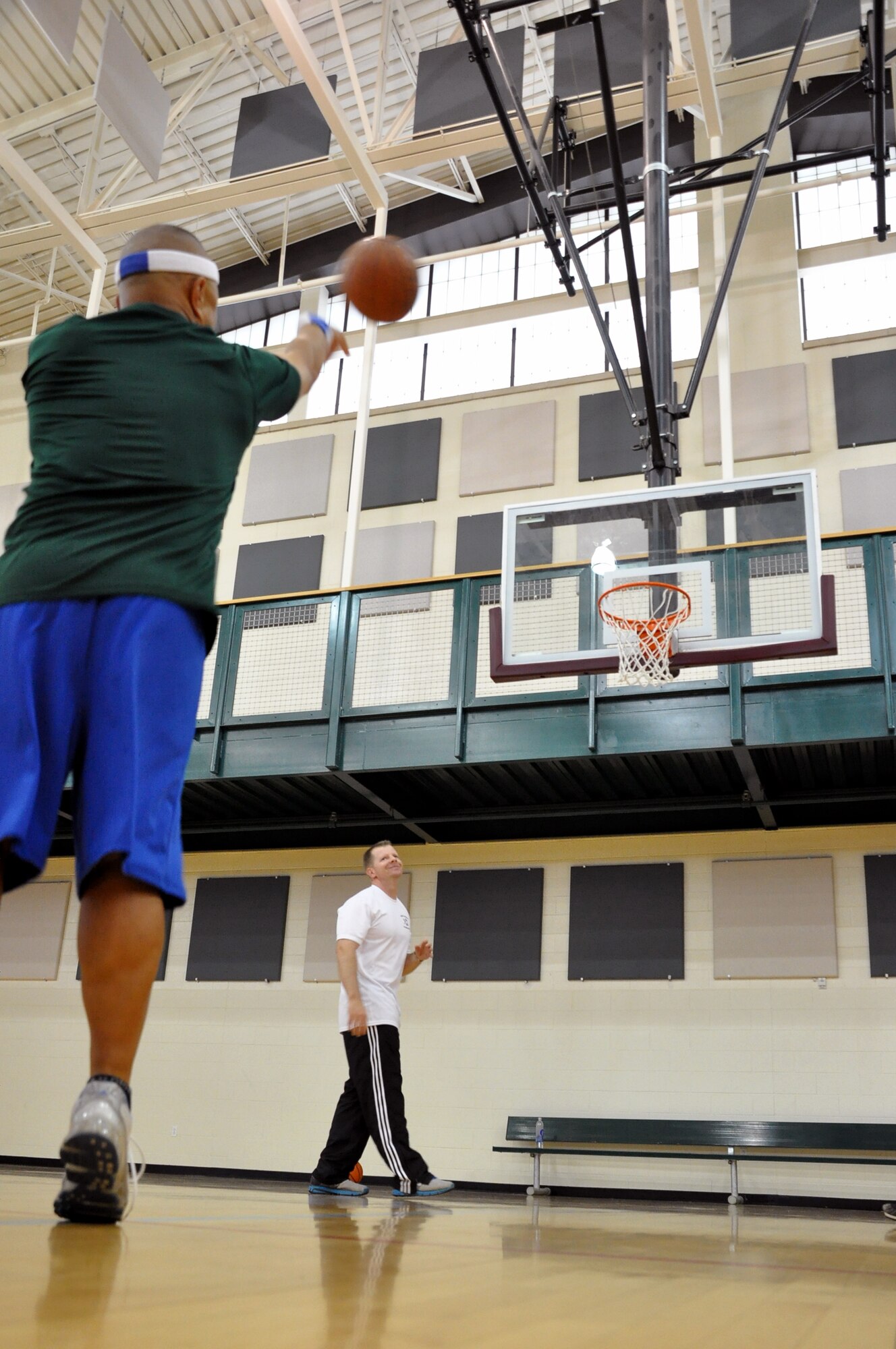 LAUGHLIN AIR FORCE BASE, Texas - - Master Sgt. James Escher, 47th Security Forces Squadron first sergeant, puts up a free throw attempt during First Sergeants versus Chiefs basketball shoot-out at Laughlin’s Losano Fitness Center, March 29. The competition allowed each shooter two minutes to make as many shots as possible, which ended in an 84 to 69 victory for the first sergeants. (U.S. Air Force photo by Senior Airman Scott Saldukas)
