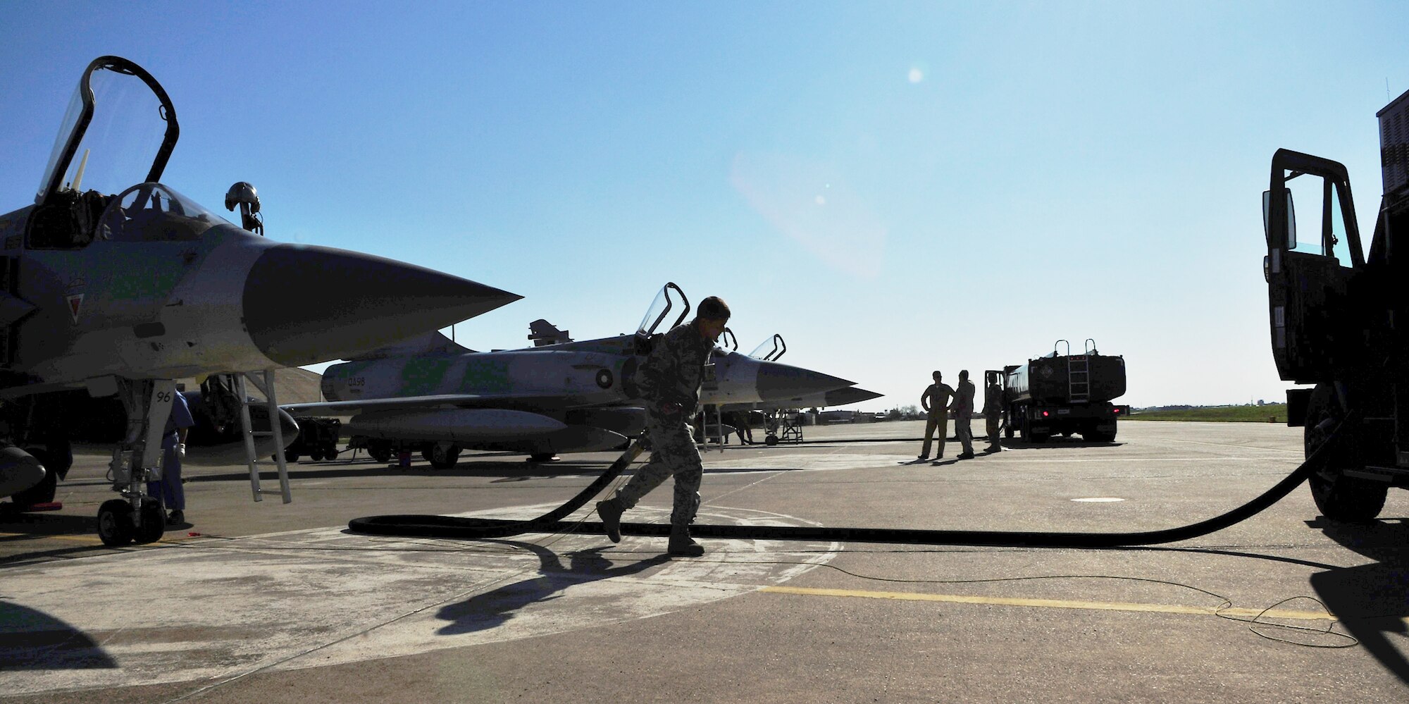 Senior Airman Kevin Kloss refuels a Qatari Mirage F-1 March 25, 2011, at Incirlik Air Base, Turkey, in support of Operation Odyssey Dawn. Airman Kloss is assigned to the 39th Logistics Readiness Squadron. (U.S. Air Force photo/Staff Sgt. Alexandre Montes)