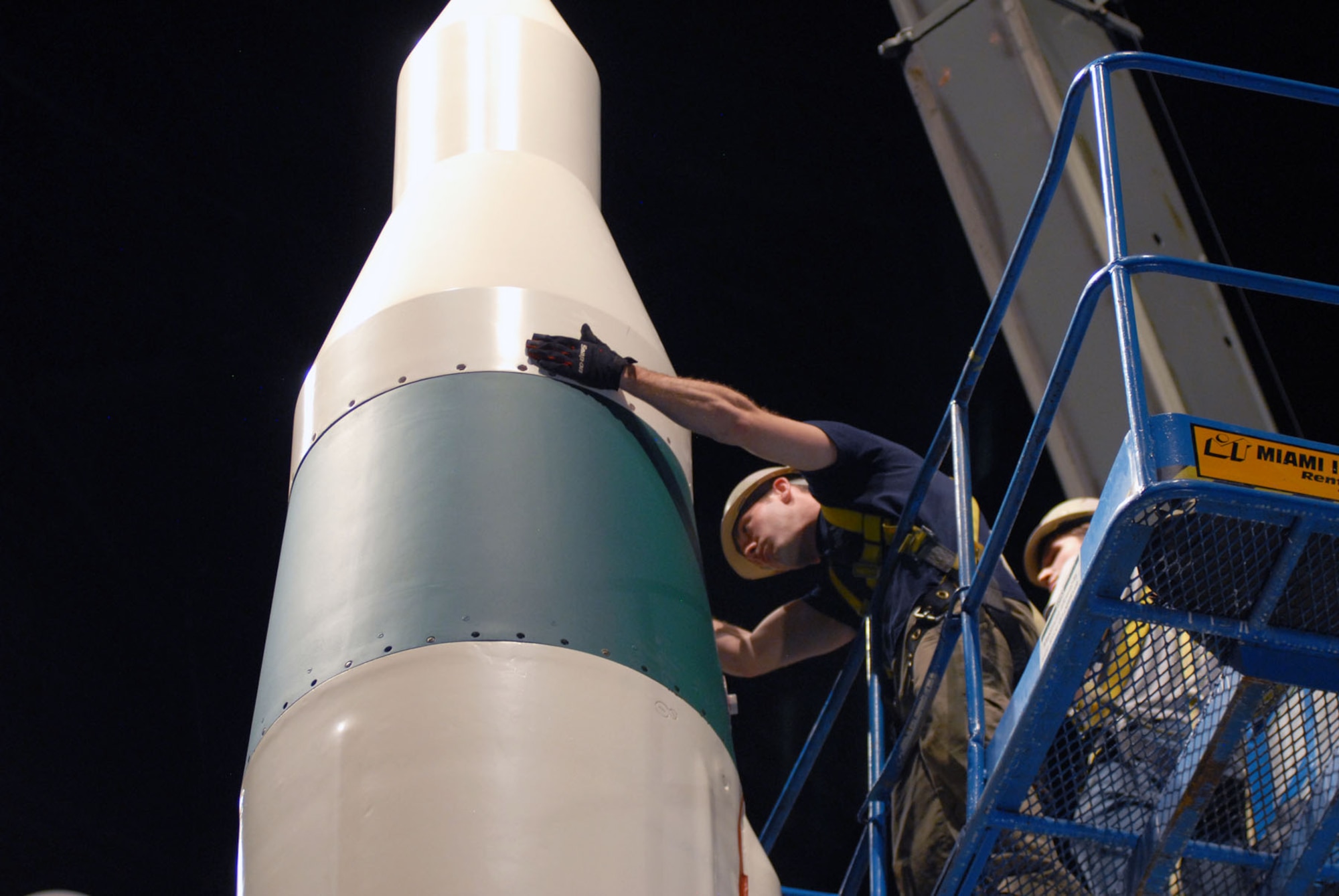 DAYTON, Ohio (03/2011) -- Restoration crews install the Minuteman IA missile in the Missile & Space Gallery at the National Museum of the U.S. Air Force. (U.S. Air Force photo)