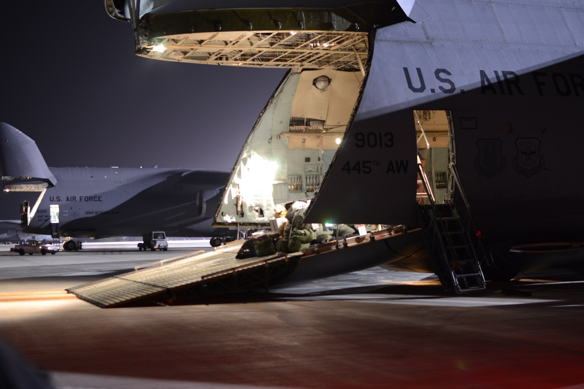 WRIGHT-PATTERSON AIR FORCE BASE, Ohio – A 445th Airlift Wing C-5 Galaxy flown by the 89th Airlift Squadron delivered support equipment belonging to the 552nd Air Control Wing from Tinker Air Force Base, Okla., to Rota Naval Air Station, Spain, in support of Operation Odyssey Dawn March 22. The 445th’s C-5 was one of four C-5s tasked to transport the equipment and ground crew from Oklahoma to Spain. (U.S. Air Force photo/Senior Master Sgt. Michael Kalbfleisch)