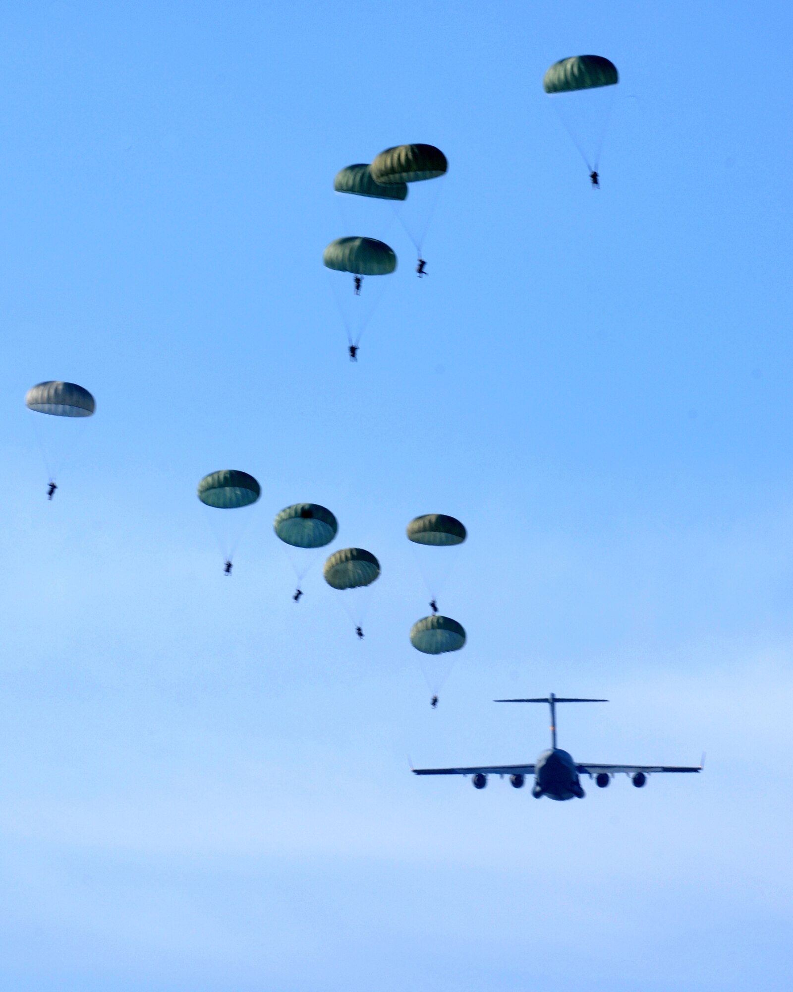 Airmen from the 8th Air Support Operations Squadron conduct combat jump operations from a C-17 Globemaster III during a joint coalition training exercise March 23. More than 1,400 personnel from the 173rd Airborne Brigade Combat Team, the 8th ASOS and Italian army paratroopers participated in the weeklong event.
( U.S. Air Force photo/ Airman Briana N. Jones)