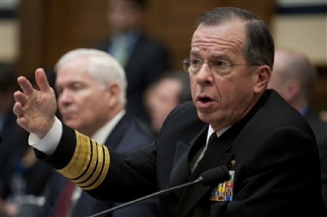 Chairman of the Joint Chiefs of Staff Adm. Mike Mullen testifies at a hearing of the House Armed Services Committee on operations in Libya in the Rayburn House Office Building in Washington, D.C., on March 31, 2011.  