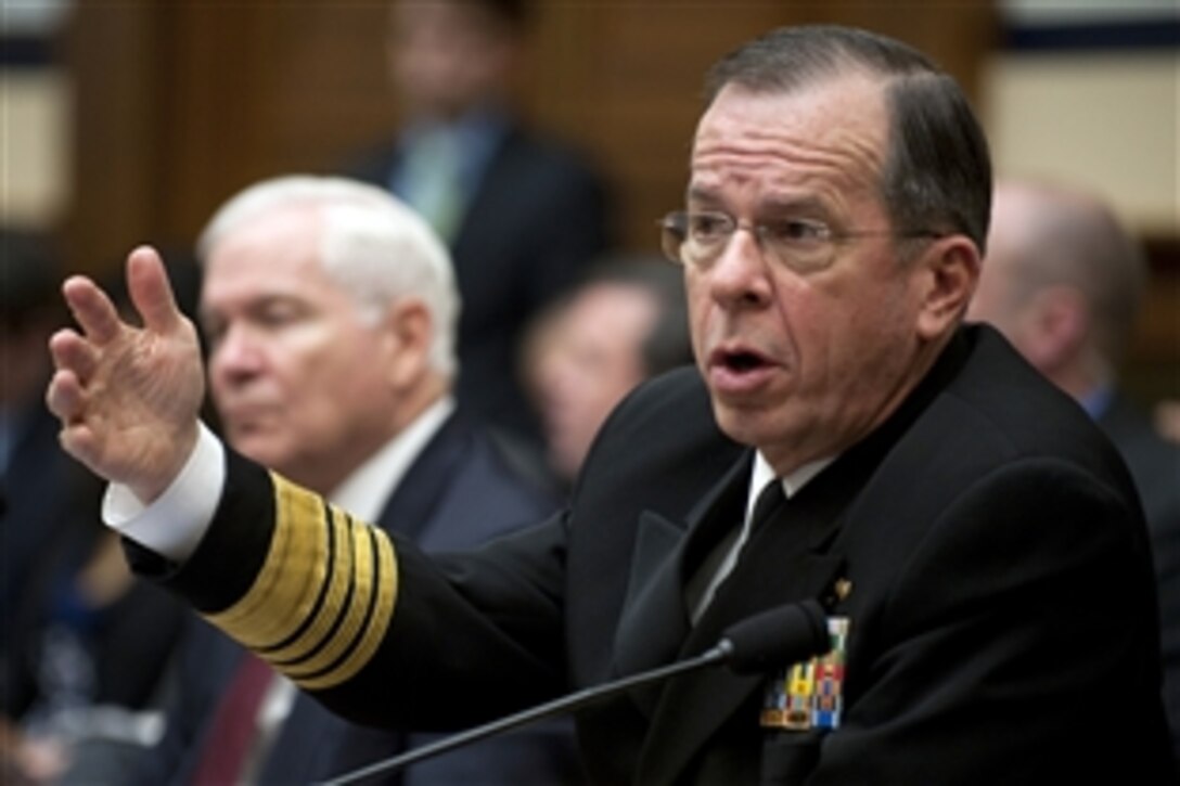Navy Adm. Mike Mullen, chairman of the Joint Chiefs of Staff, testifies at a hearing of the House Armed Services Committee on operations in Libya at the Rayburn House Office Building in Washington, D.C., March 31, 2011. 