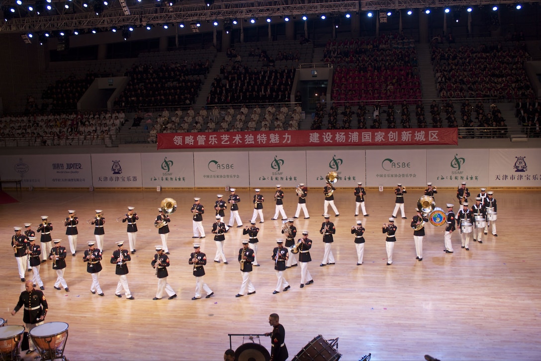 The U.S. Marine Corps Forces, Pacific Band, plays for an arena of Chinese spectators during their trip to China earlier this month. The trip marked the first time the MarForPac band had ever been invited to China.