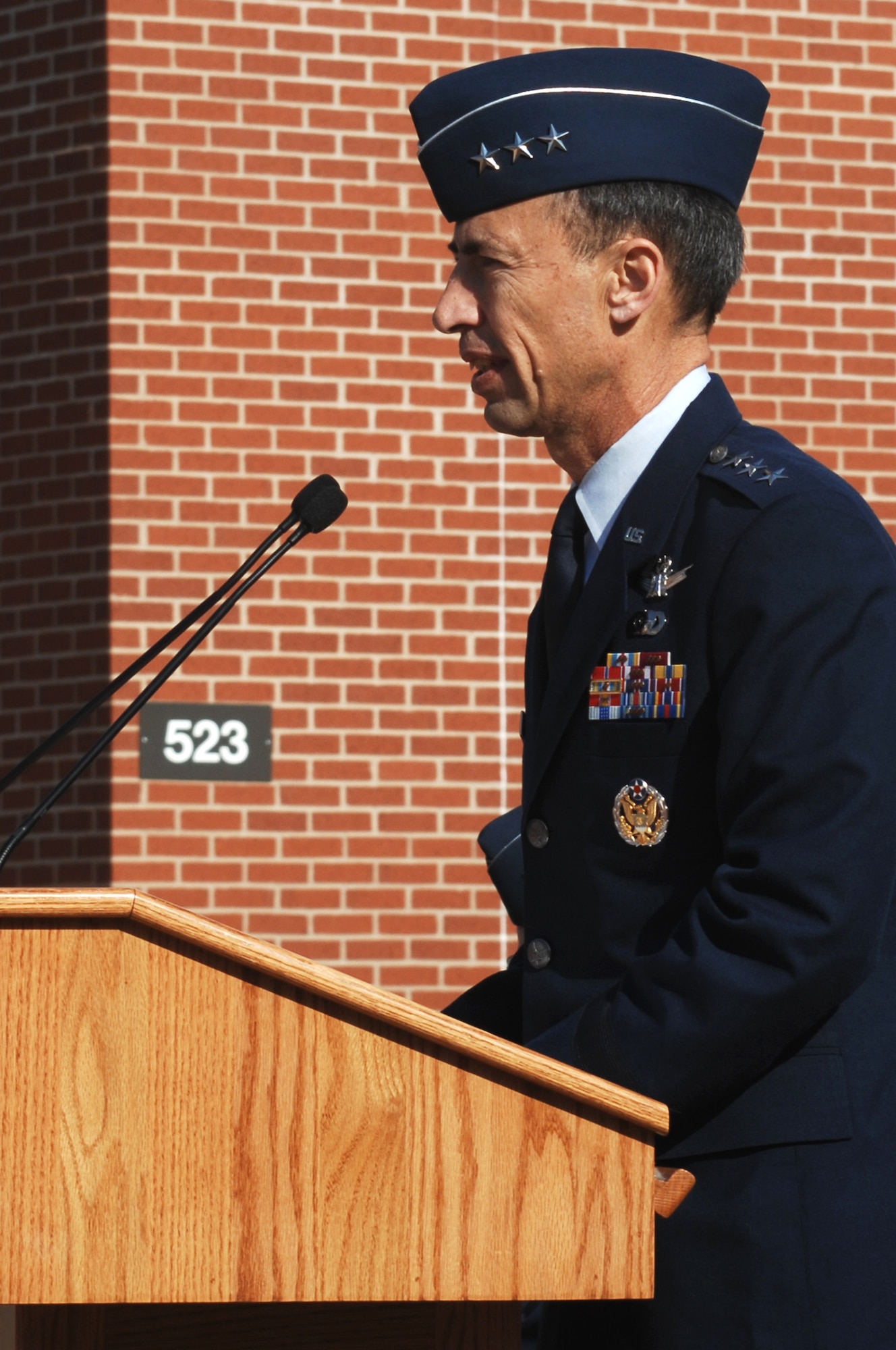GOODFELLOW AIR FORCE BASE, Texas -- Lt. Gen. Larry James, Deputy Chief of Staff for Intelligence, Surveillance and Reconnaissance, Headquarters U.S. Air Force, Washington, D.C., speaks during a building dedication ceremony here April 29. The ceremony was in honor of 1st Lt. Roslyn Schulte who was killed by a roadside bomb May 20, 2009, near Kabul, Afghanistan. (U.S. Air Force photo/Staff Sgt. Laura R. McFarlane)
