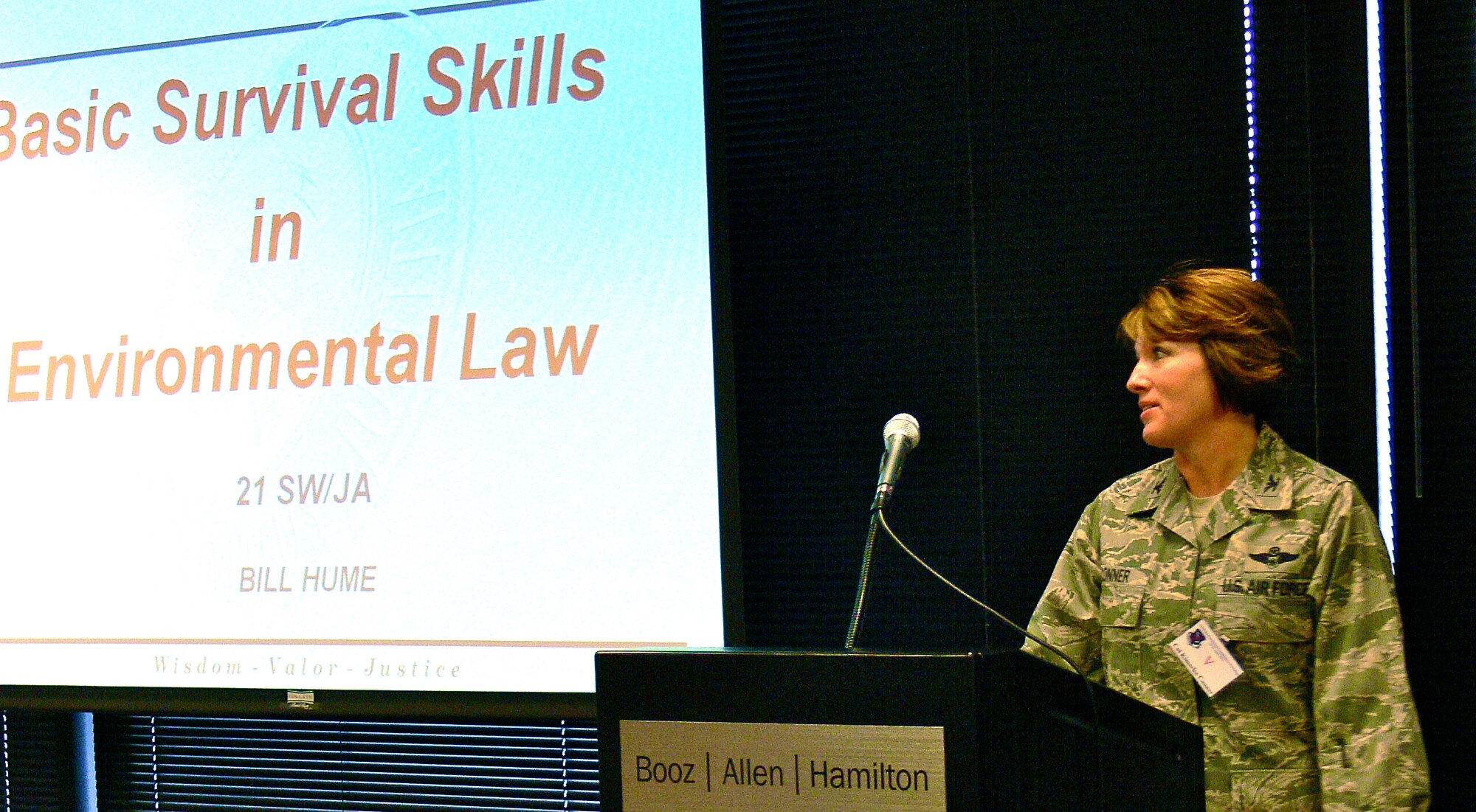 Col. Kimerlee Conner, 21st Mission Support Group commander, speaks to engineers and environmental staff from the 21st Space Wing, April 27, 2011 at the 21st Space Wing Environmental Site Support Workshop, which the wing hosts every two years. Colonel Conner encouraged participants -- who came from Peterson, Thule, Cavalier, Cape Cod, Cheyenne Mountain and Clear – to ask questions as experts in their field were on hand to answer them. The three-day workshop was April 26-28 at the Plaza of the Rockies, downtown Colorado Springs. (U.S. Air Force photo/Monica Mendoza)