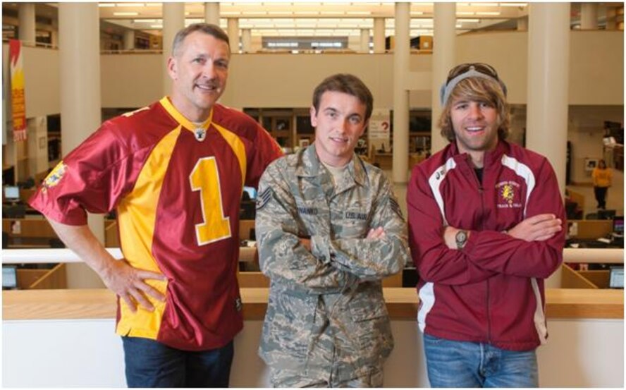 Ferris State University students Mark Brejcha, Staff Sgt. Brian Nanko and Steve Neshkoff pose at the campus library during finals week. Taking advantage of educational benefits started for these three while on active duty and continues today. Mr. Brejcha and Sergeant Nanko will gradute this spring, while Mr. Neshkoff is entering his senior year.