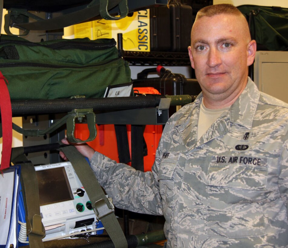 Master Sgt.  Christopher Pfaff,  a medical logistics specialist, 932nd Aerospace Evacuation  Squadron, will take his skills to Air Force Reserve Command.   The position, Sergeant Pfaff said, is a new one that involves visiting and assessing other squadrons 'medical logistics operations.  Sergeant Pfaff has been part of the 932nd Airlift Wing since 1997.  He was a member of the 932nd Aerospace Staging Squadron before moving to the AES in 2007.   “My experiences here and  deployments have prepared me for this new assignment,” he said.  Sergeant Pfaff added he’ll miss everyone he’s worked with at the 932nd, because “we’re a close-knit family.”  (U.S. Air Force photo/Tech. Sgt. Dan Oliver) 

