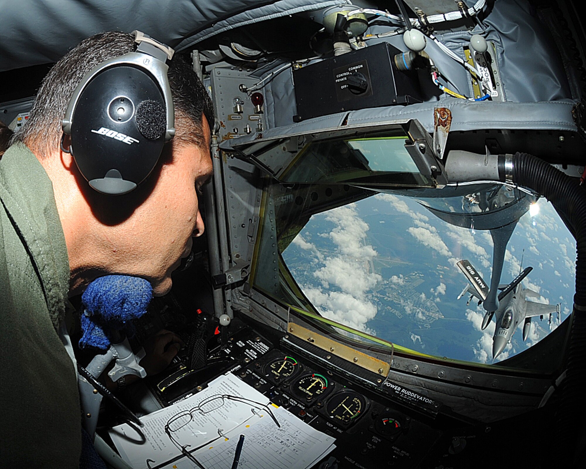SEYMOUR JOHNSON AIR FORCE BASE, N.C. -- Chief Master Sgt. Daniel Michener, 911th Air Refueling Squadron boom operator, refuels an F-16CJ Fighting Falcon from Shaw Air Force Base, S.C., during a large force exercise over North Carolina May 2, 2011. The Stratotanker refueled 16 aircraft during the exercise. (U.S. Air Force photo/Senior Airman Gino Reyes)

