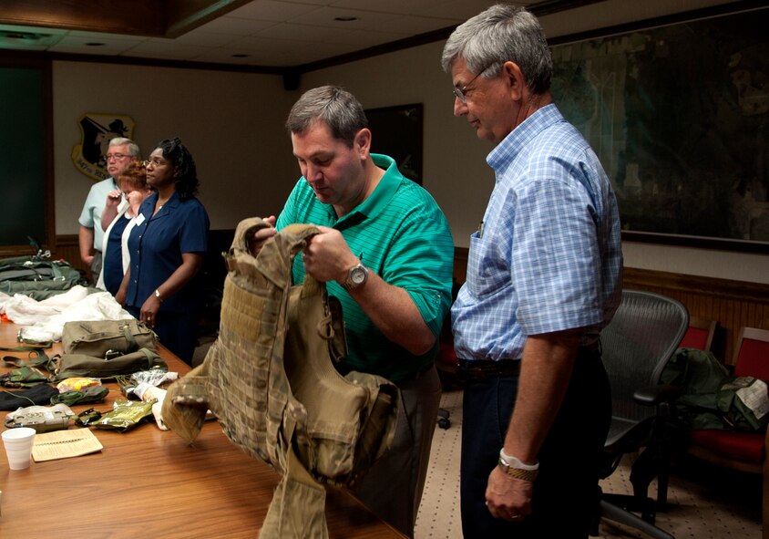 MOODY AIR FORCE BASE, Ga. — Members of the Military Affairs Committee learn about the different types of life-support equipment during a base tour May 2. (U.S. Air Force photo/Staff Sgt. Melissa K. Mekpongsatorn)(RELEASED)
