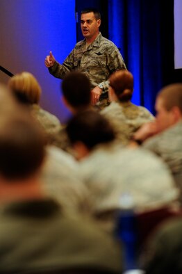 Col. Lenny Richoux, 6th Air Mobility Wing commander, welcomes Airmen attending the 2011 Air Force Company Grade Officer Professional Development Conference May 2, 2011 at the Hyatt Regency Hotel Tampa, Fla.  The 2011 AFCGOC them is “Culture-Competence-Leadership: Joint Airmen for Tomorrow’s Battlefield.” Junior officers are briefed on current operations, culture, and customs of tribal regions in Afghanistan and Pakistan, and the many leadership opportunities in total force and joint environments, while still having the opportunity to interact with peers Air Force wide. (U.S. Air Force Photo by Staff Sgt. Angela Ruiz)