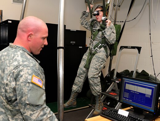 2nd Lt. Lisa Faulkner, the 22nd Operations Group intelligence officer, learns how to maneuver a free-fall parachute while participating in parachute simulation training during the Air Force Company Grade Officer Professional Development Conference tour of the joint parachute facility at MacDill Air Force Base, Fla., May 3, 2011. The conference theme is “Culture-Competence-Leadership; Joint Airmen for Tomorrow’s Battlefield” focusing on providing junior officers with a greater awareness of current operations, the culture and customs of tribal regions in Afghanistan and Pakistan, and the myriad of leadership opportunities in Total Force and joint environments. 

(U.S. Air Force photo by Senior Airman Linzi Joseph/Released)