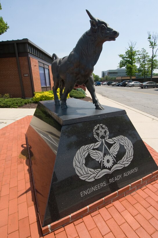 Proudly displayed in front of the 11th Civil Engineer Squadron headquarters, building 3465, its’ fearsome mascot stands as a tribute the squadron’s bullish work ethic. The engraved motto “Engineers ... Ready Always!” refers to the squadron’s can-do spirit to accomplish any mission. (Photo by Bobby Jones) 