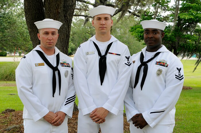 Congratulations to Naval Support Activity second quarter Sailor of the Quarter, Master-at-Arms 1st Class Jacob Moore (left), Blue Jacket of the Quarter Machinist’s Mate 3rd Class Brannon Duegan and Junior Sailor of the Quarter, Master-at-Arms 2nd Class Sherman Whidbee. (U.S. Navy photo/Mass Communication Specialist 1st Class Jennifer Hudson)