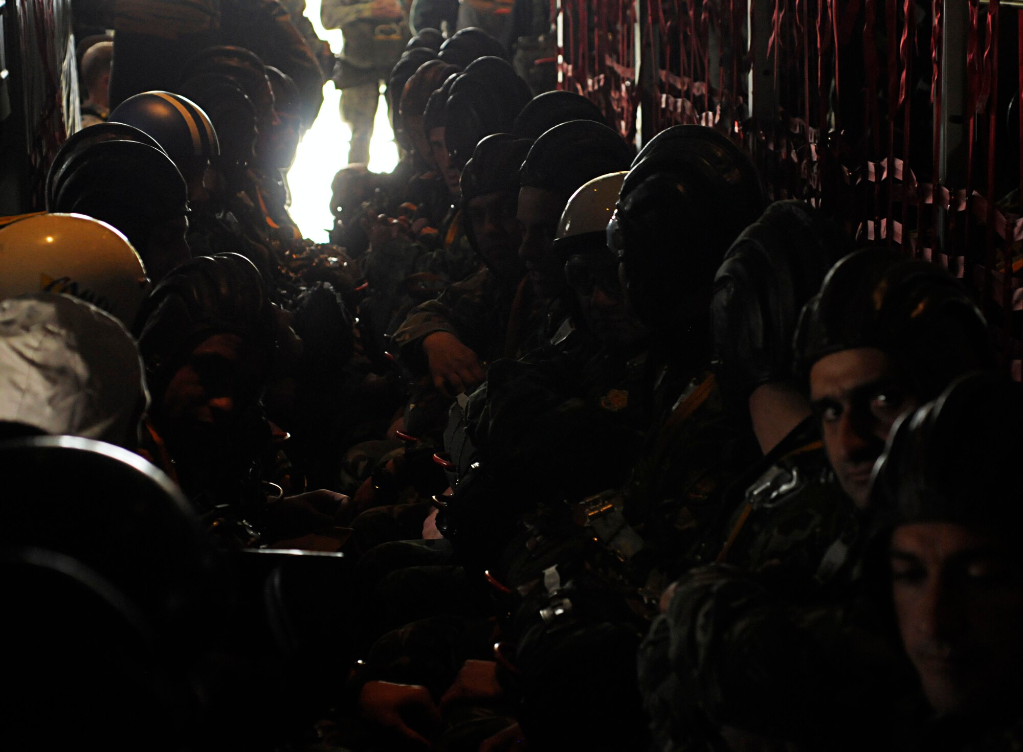 Bulgarian Air Force paratroopers prepare for their static line jump from a U.S. Air Force C-130J Super Hercules in support of Thracian Spring 2011, Plovdiv, Bulgaria, April 29, 2011. Thracian Spring 2011 is a two week on-site training designed to build partnerships between the U.S. and Bulgarian Air Force. (U.S. Air Force photo by Airman 1st Class Desiree W. Esposito)