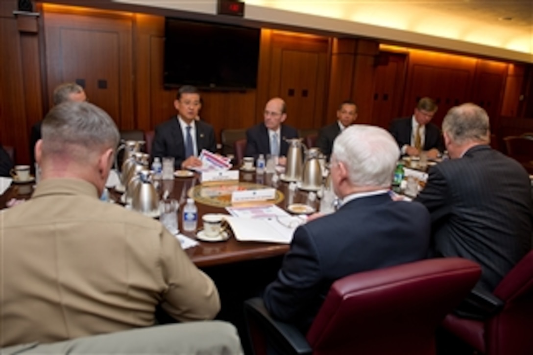 Secretary of Veterans Affairs Eric K. Shinseki meets with Secretary of Defense Robert M. Gates (2nd from right), Vice Chairman of the Joint Chiefs of Staff Gen. James E. Cartwright (left) and Deputy Secretary of Defense William J. Lynn III (right) at the Department of Veteran's Affairs in Washington, D.C., on May 2, 2011.  	