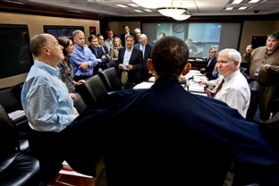 President Barack Obama talks with members of the national security team, including Defense Secretary Robert M. Gates, right, in the Situation Room of the White House, May 1, 2011, at the conclusion of one in a series of meetings discussing the mission against Osama bin Laden.