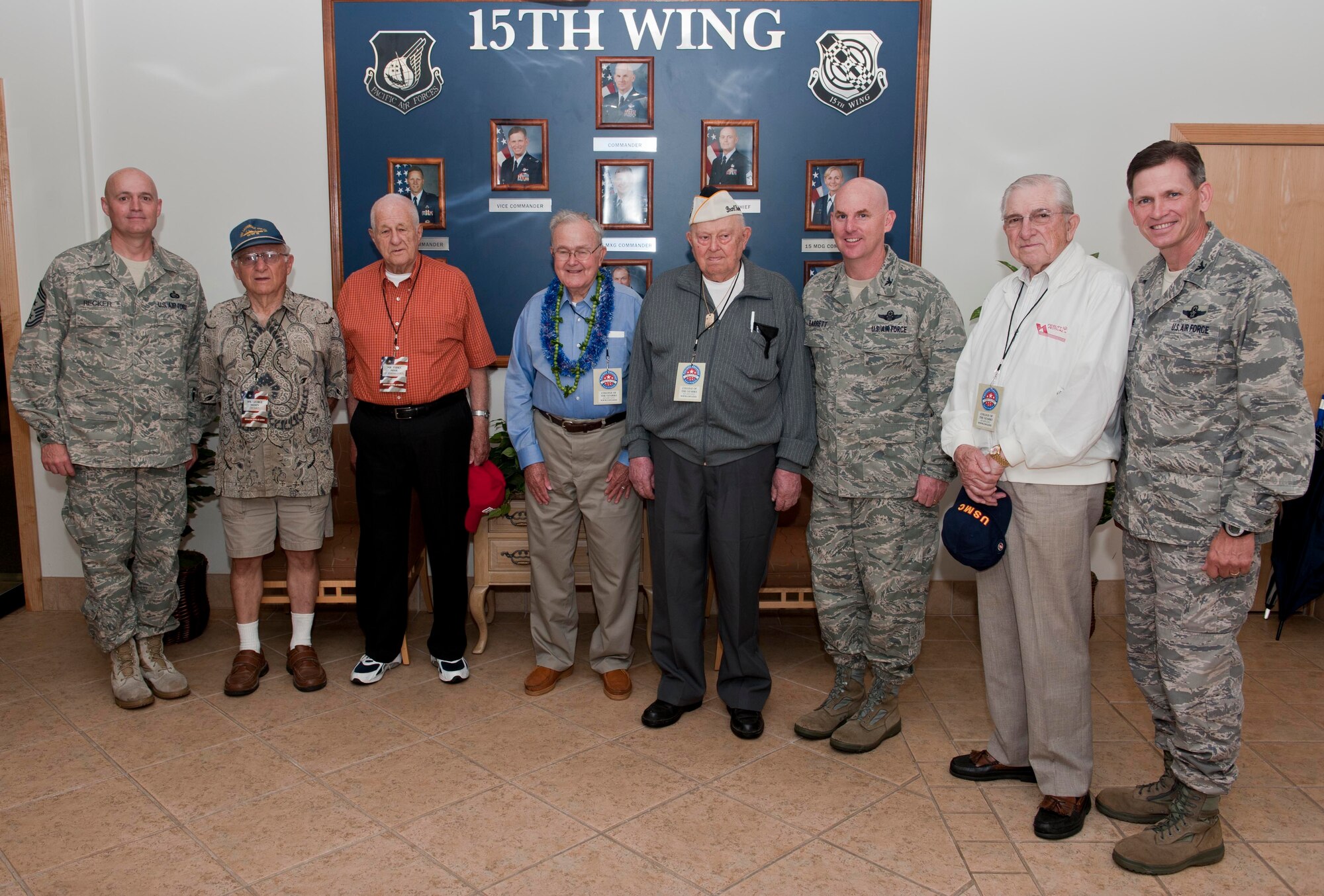 15th Wing leaders met with veterans of World War II during a visit to the 15th WG headquarters building May 3 at Joint Base Pearl Harbor-Hickam, Hawaii. During their stay, the veterans also visited Atterbury Circle, the Pacific Air Forces headquarters building, and the missing man formation. (U.S. Air Force photo/Staff Sgt. Nathan Allen)