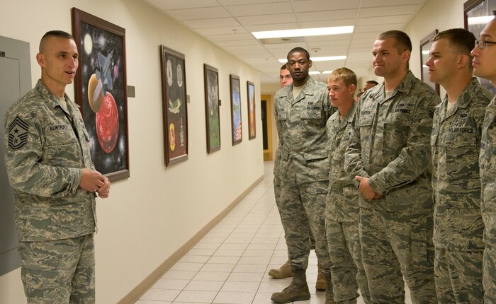 NELLIS AIR FORCE BASE, Nev.-- Chief Master Sgt. Michael Klintworth, 57th Wing command chief, speaks with students attending Airmen Leadership School May 4. The school prepares Airmen to become non-commissioned officers and effective supervisors.  (U.S Air Force photo / Senior Airman Stephanie Rubi)