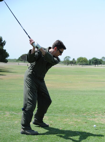 LAUGHLIN AIR FORCE BASE, Texas – Major Robert Kain, 47th Mission Support Group, tries out a golf club at the Demo Day event at Laughlin’s Leaning Pines Golf Course April 29. Several Laughlin members attended the event to sample the provided equipment and enjoy the free lunch that was provided by the 47th Force Support Squadron. (U.S. Air Force photo by Airman 1st Class Blake Mize)