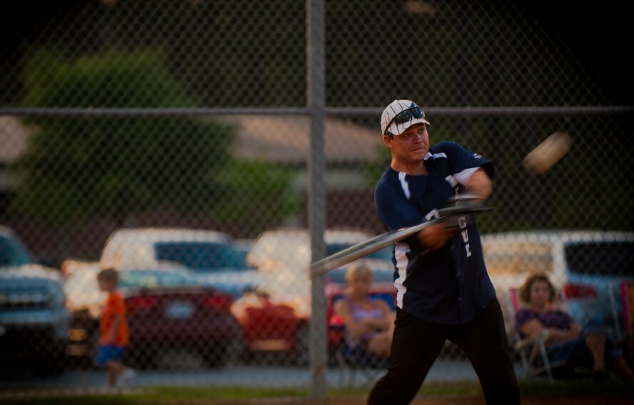 MOODY AIR FORCE BASE, Ga.-- Justin Firth, 723rd Aircraft Maintenance Squadron intramural team third baseman, gets a double off a pitch from the opposing team May 2. Playing off of a momentum swing, the 723rd AMXS came back in the bottom of the 5th to tie the game. (U.S. Air Force photo/Airman 1st Class Joshua Green)(RELEASED)
