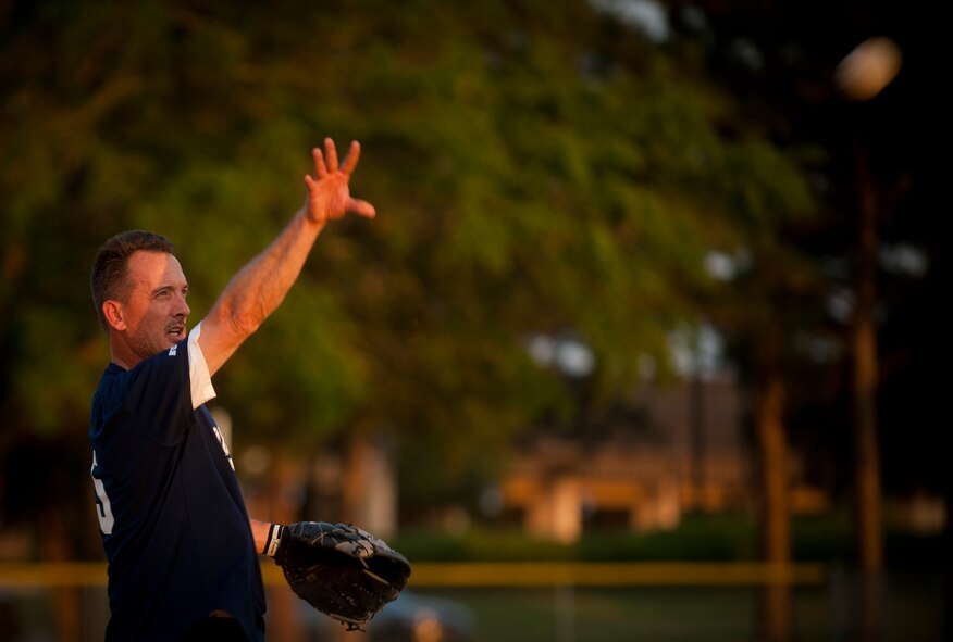 MOODY AIR FORCE BASE, Ga.-- Thomas Sullivan, 23rd Medical Group intramural team pitcher, tosses a pitch to the opposing team during a softball game May 2. The 23rd MDG broke out with a big lead to start the game, but the 723rd Aircraft Maintenance Squadron fought back to gain the victory 17-16. (U.S. Air Force photo/Airman 1st Class Joshua Green)(RELEASED)
