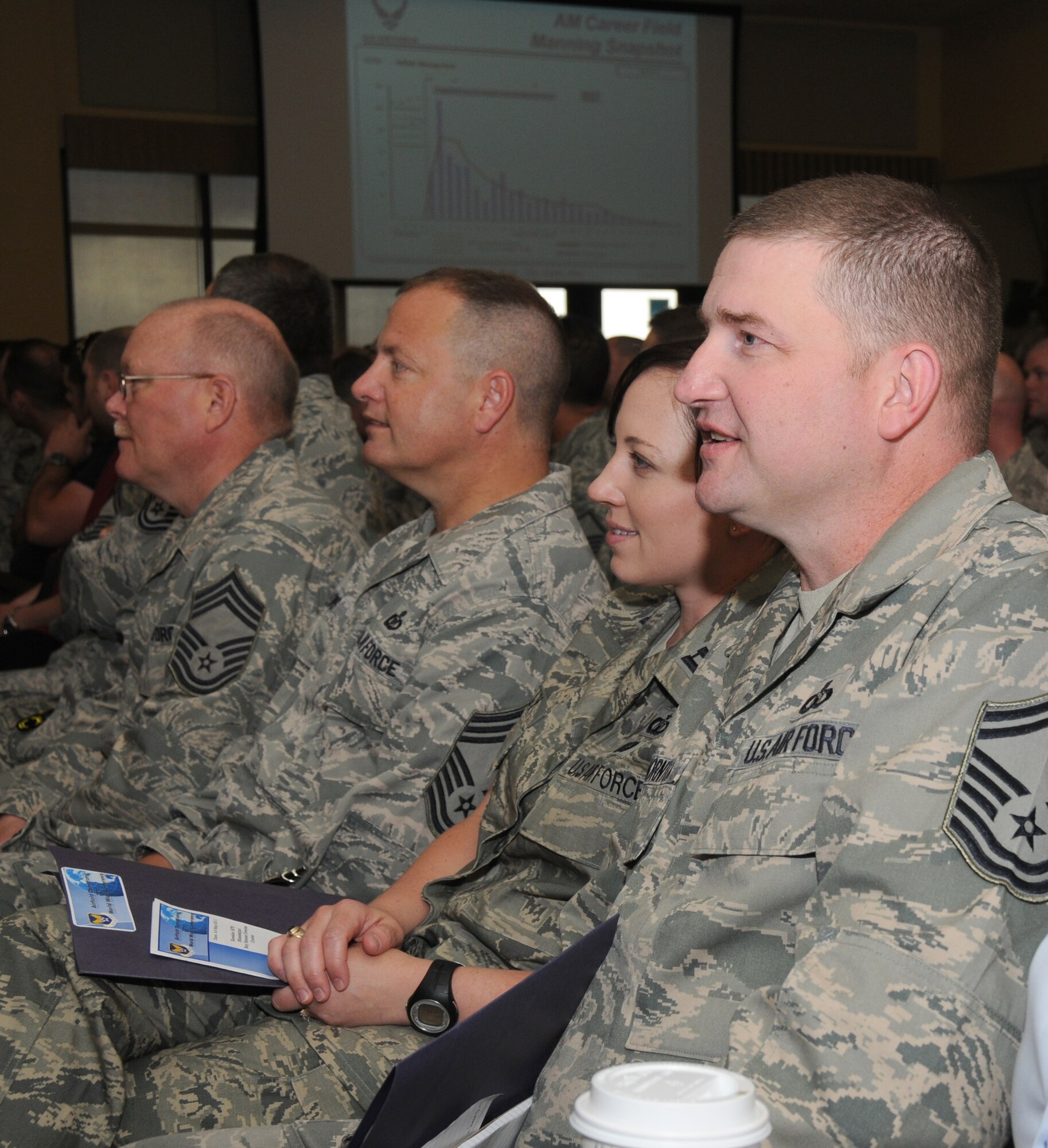 From left, Chief Master Sgts. Bruce Lee and Robert Lewis, Capt. Brooke Kelly and Senior Master Sgt. JohnThornton listen to a briefing on the first day of the Air Force’s 2011 Airfield Operations Worldwide Conference at the Bay Breeze Event Center. Chief Lee is with the South Dakota Air National Guard, Chief Lewis and Captain Kelly are fromTravis Air Force Base, Calif., and Sergeant Thornton is fromTinker AFB, Okla. The conference, which ends Friday, brings together about 500 air traffic control and airfield management leaders from Air Force bases around the globe. Col. Rafael Quezada, airfield operations officer career field manager at the Pentagon, and Brig. Gen. Andrew Mueller, 81st Training, welcomed the 500 attendees. The 334th Training Squadron hosted the conference.  (U.S. Air Force photo by Kemberly Groue)