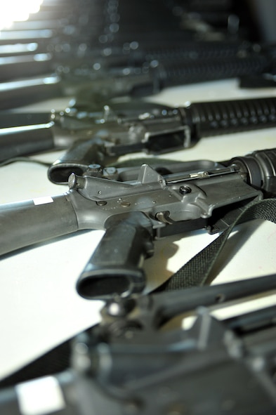 MINOT AIR FORCE BASE, N.D. -- Weapons lay ready for use in preparation for the Ability to Survive and Operate exercise here May 2.  The ATSO preparation exercise ensures that the Airman of Minot ready themselves for upcoming base wide inspections. (U.S. Air Force photo/ Senior Airman Jesse Lopez)