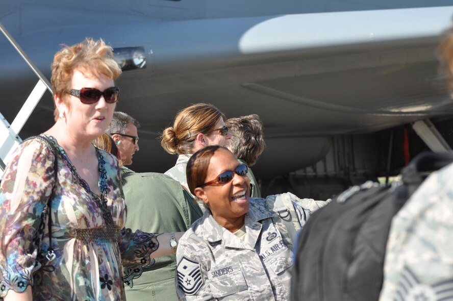 Former first sergeant Barb Haynes returns to the ramp at Seymour Johnson to welcome home deployers from the 916th Air Refueling Wing to include First Sgt. Carla Sanders. A large contingency arrived home from Turkey and Qatar this week. (USAF photo by Ms. Donna Lea, 916ARW/PA)