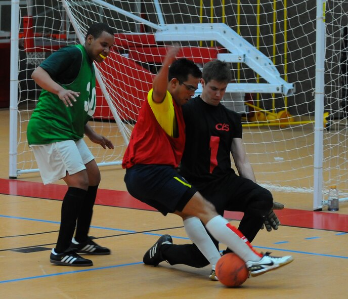 SPANGDAHLEM AIR BASE, Germany –Sean Conaway, 52nd Civil Engineer Squadron, blocks a soccer ball during an intramural soccer game at the Skelton Memorial Fitness Center here April 28. The 52nd CES defeated the 52nd Medical Group 6-2. (U.S. Air Force photo/Airman 1st Class Dillon Davis)