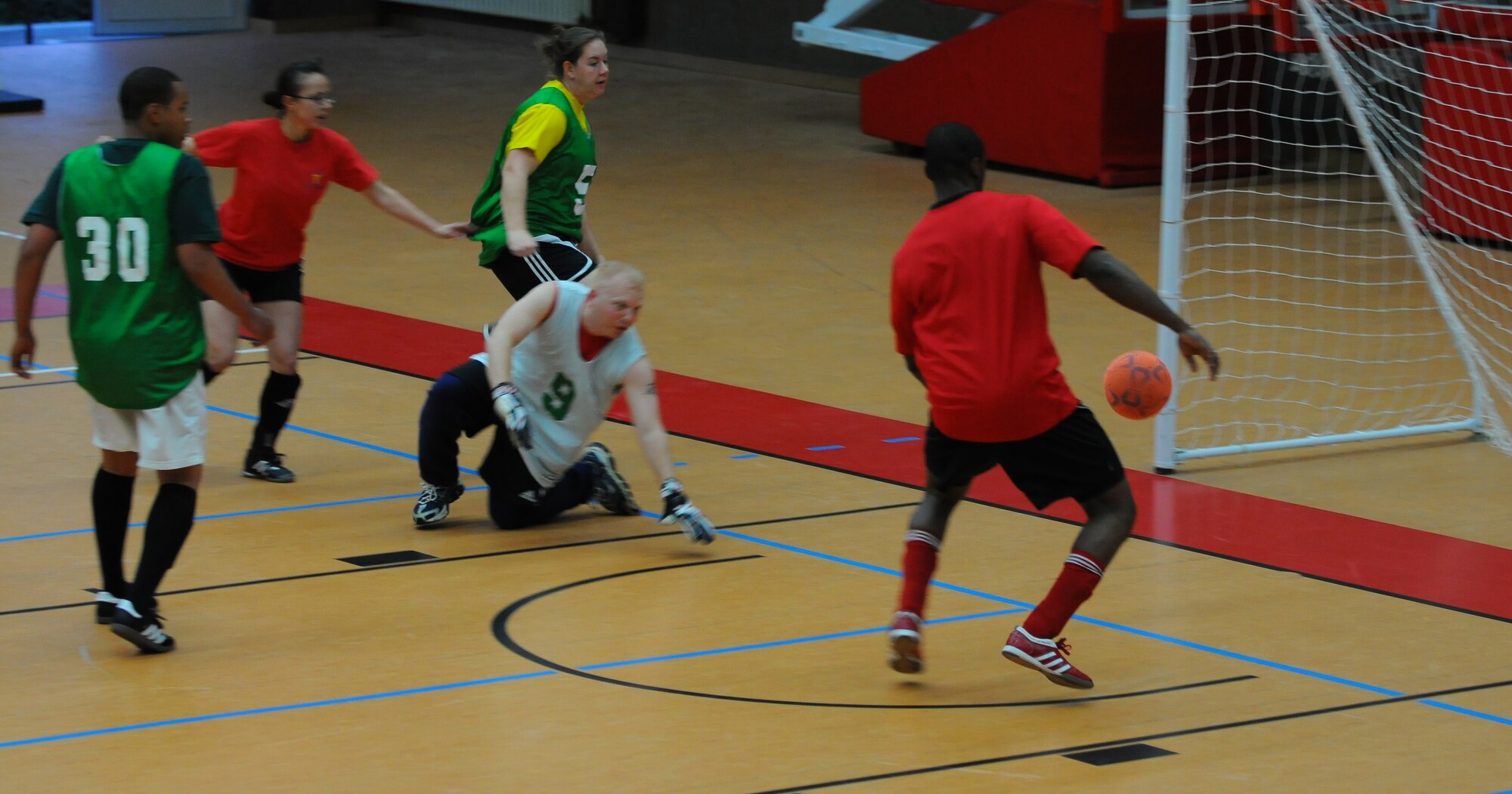 SPANGDAHLEM AIR BASE, Germany – Airmen from the 52nd Civil Engineer Squadron score against the 52nd Medical Group during an intramural soccer game at the Skelton Memorial Fitness Center here April 28. The 52nd CES defeated the 52nd MDG 6-2. (U.S. Air Force photo/Airman 1st Class Dillon Davis)