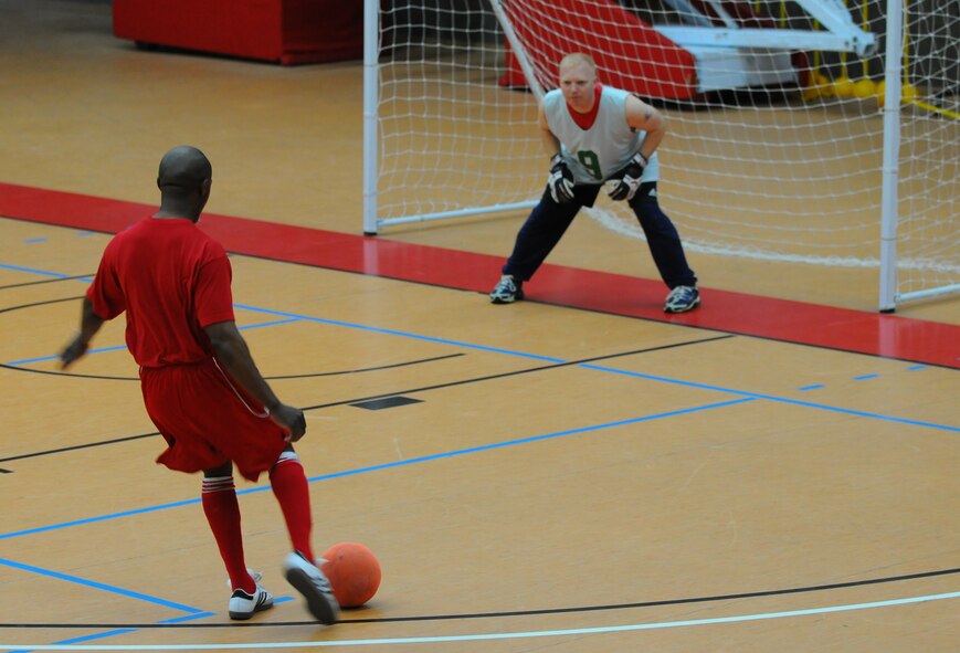 SPANGDAHLEM AIR BASE, Germany – Alfred Doby, 52nd Aerospace Medical Squadron, warms up before a soccer game at the Skelton Memorial Fitness Center here April 28. The 52nd Civil Engineer Squadron defeated the 52nd Medical Group 6-2. (U.S. Air Force photo/Airman 1st Class Dillon Davis)